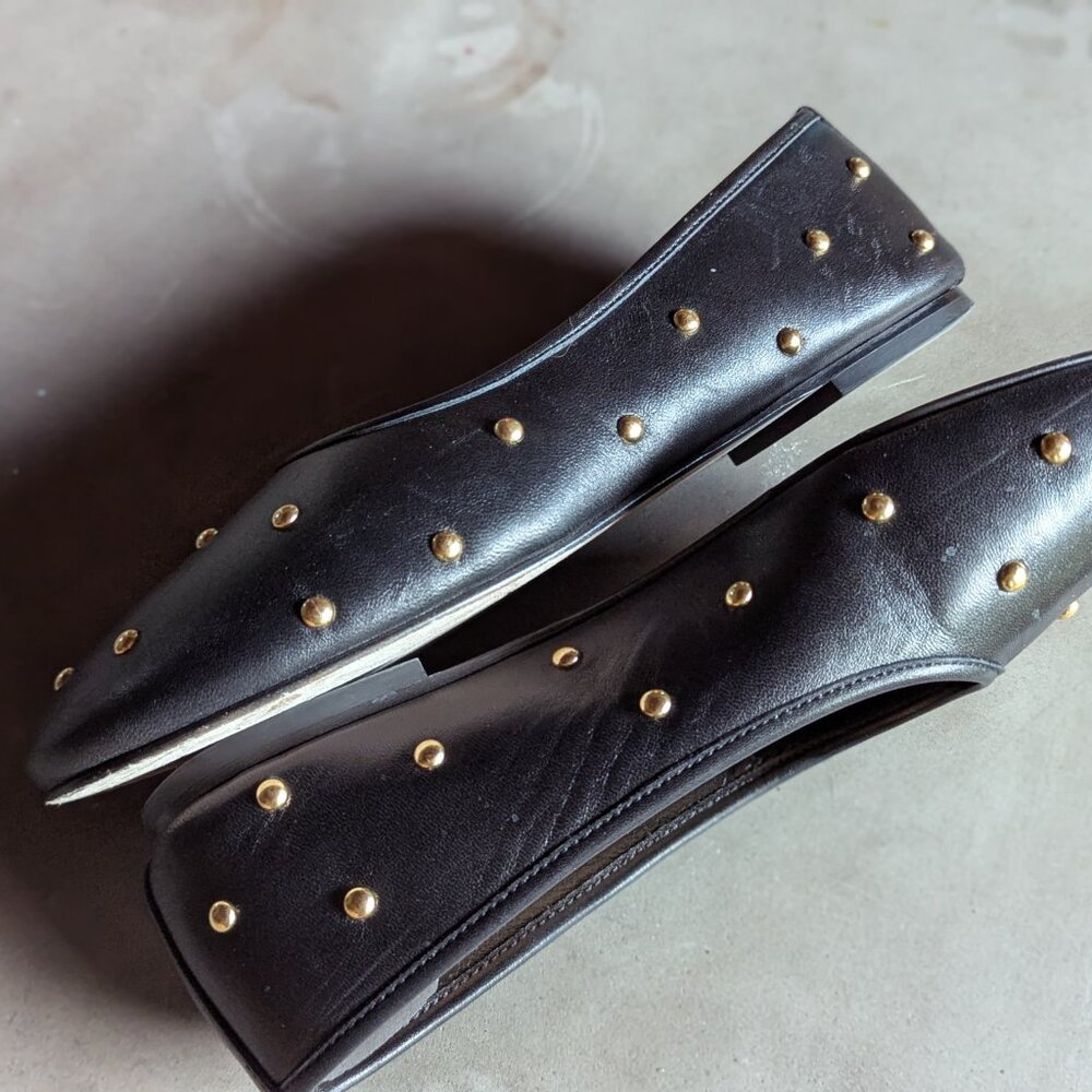 Dear Frances | Black Leather Bala Gold Studs Ballerina Flats | 38 - Picture 9 of 16